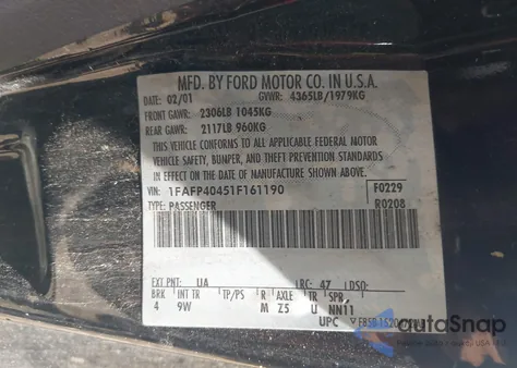 2001 Ford Mustang from USA, damaged, VIN 1FAFP40451F161190